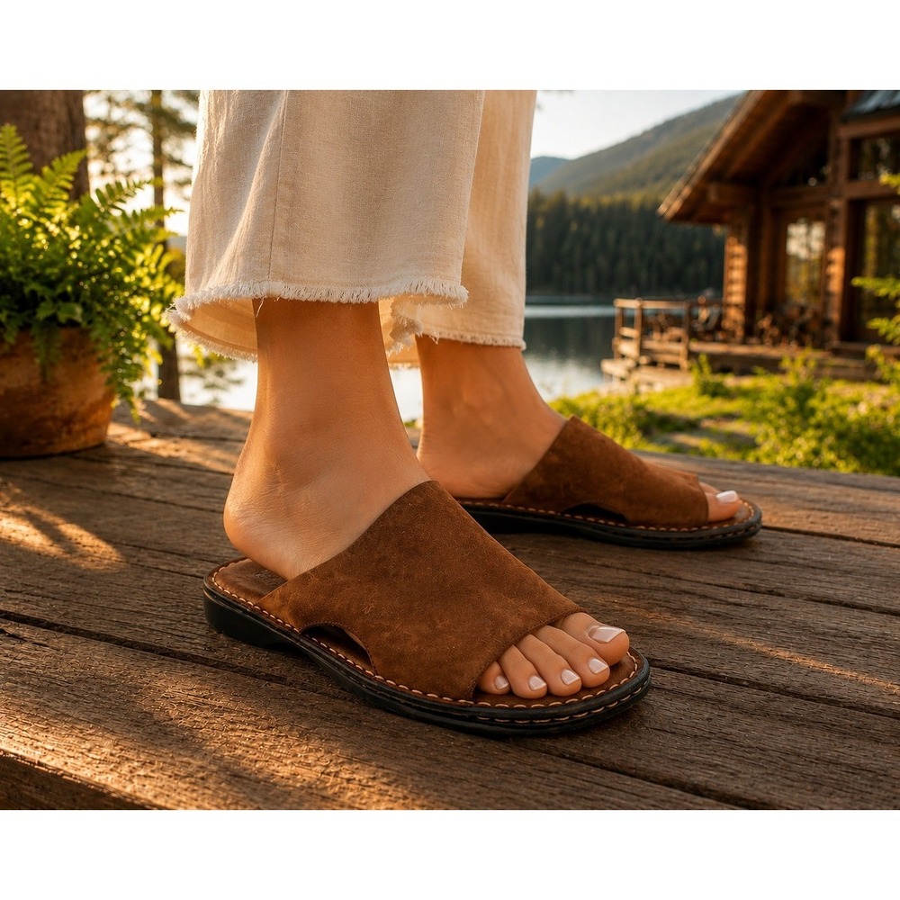 High Sierra Yuma Brown Leather Slide Sandals Womens 9 Boho Gorpcore Slip‎ On